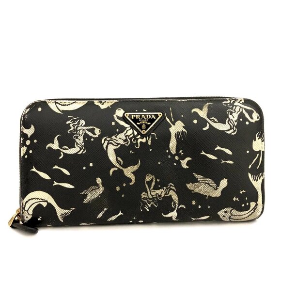 PRADA Logo Plate Mermaid Pattern Saffiano Leather Zippy Long Wallet/6BF0200 - Picture 1 of 8